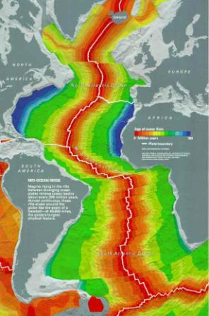 kaart van de mid-oceanische rug (omgeven door fel rood)