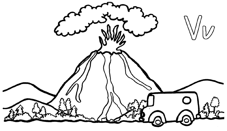 Kleurplaat van een bus bij een vulkaan