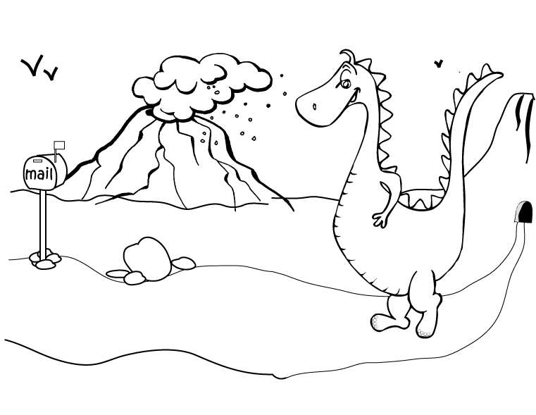 Kleurplaat van een dinosaurus bij een vulkaan