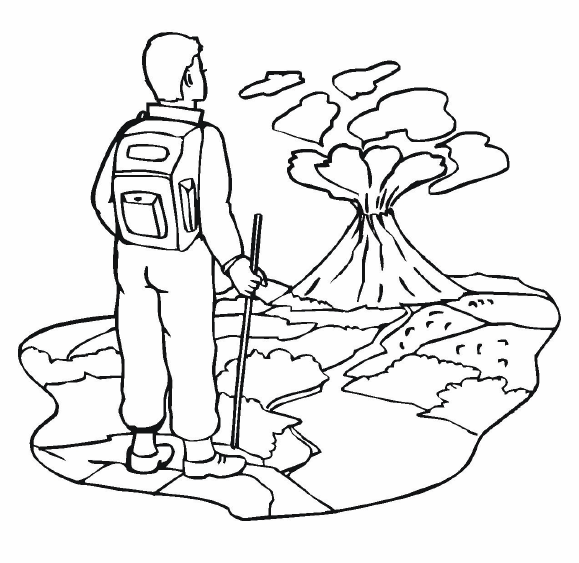 Kleurplaat van een wandelaar bij een vulkaan