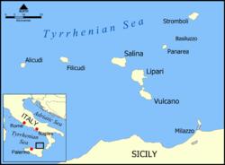 Kaart van de Eolische eilanden ten noorden van Sicilië