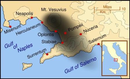 Kaart van de omgeving van Mount Vesuvius ten tijde van de eruptie in 79. De zwarte wolk stelt de verspreiding van as voor.